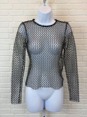 YMI Collections Fishnet Mesh Top Black Metallic Long Sleeve Small